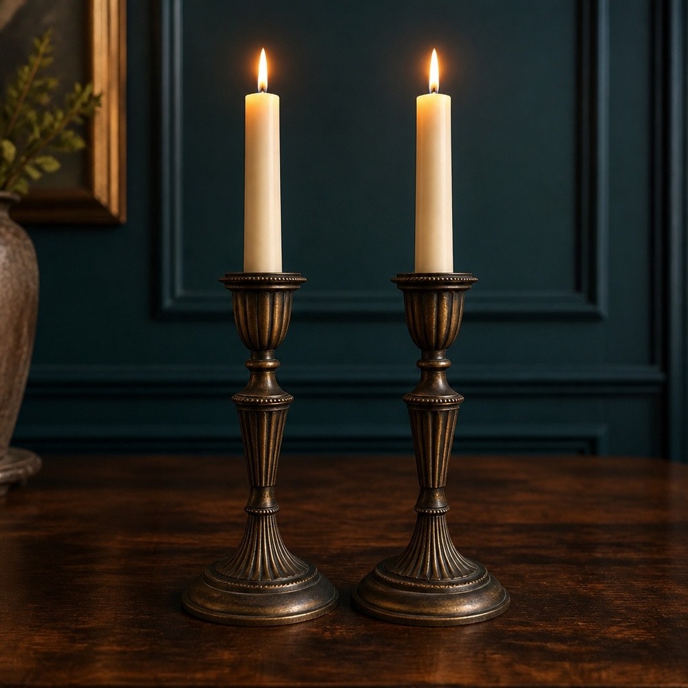 Gatco Candlestick Set 7.75x 3in Bronze Solid Brass Fluted Vintage India Decor